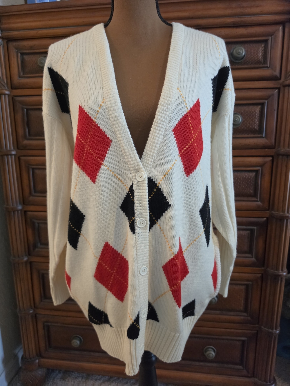 Vtg Wool Blend Argyle Cardigan Oversized Knit Small Grandpa Dark Academia Retro - Picture 2 of 11